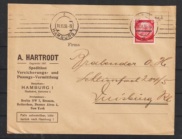 MiNr. 519 auf Brief  "A. HARTRODT Spedition HAMBURG" 11.11.38   (s26023)
