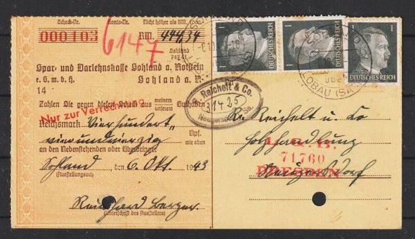 MiNr. 781 (3x)  auf Verrechnungsscheck  SOHLAND LÖBAU (SA)  (s26025)