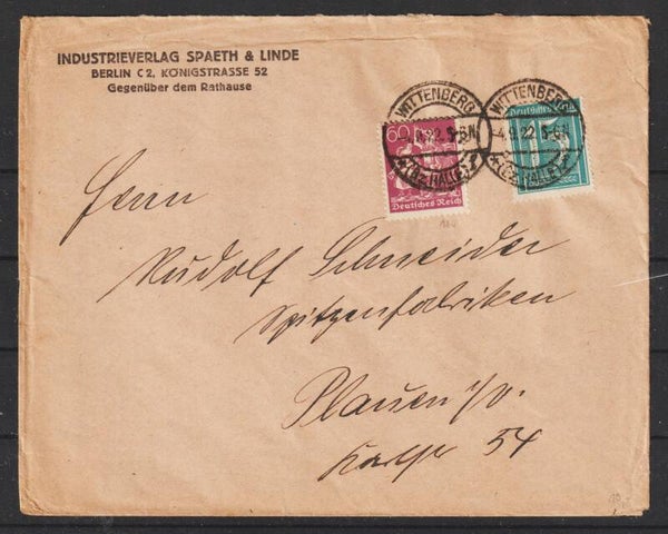 MiNr. 160, 165  auf Brief, WITTENBERG 4.9.22    (s26027)