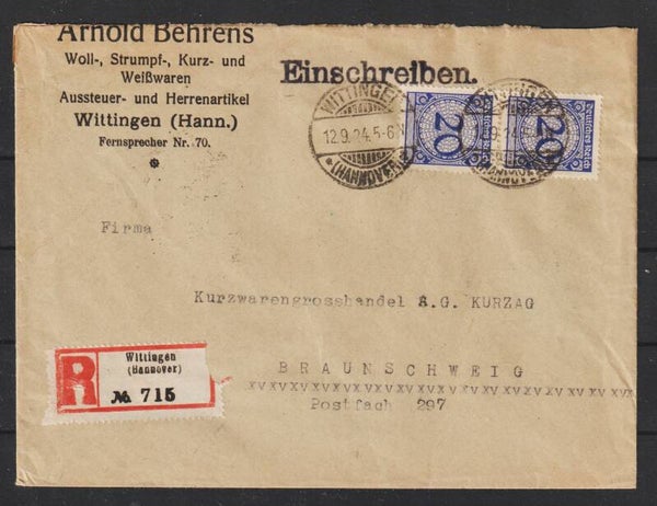 MiNr. 341 (2x) auf R-Brief  WITTINGEN 12.9.24   (s26027)