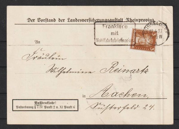 MiNr.385 auf Postkarte "Landesversicherungsanstalt"  DÜSSELDORF 12.4.27 (s26032)