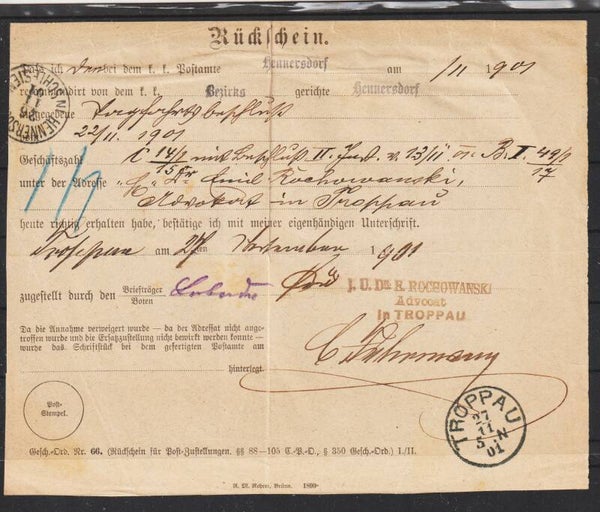 Post Rückschein HENNERSDORF 26.11.01 - TROPPAU 27.11.01   (s26035)