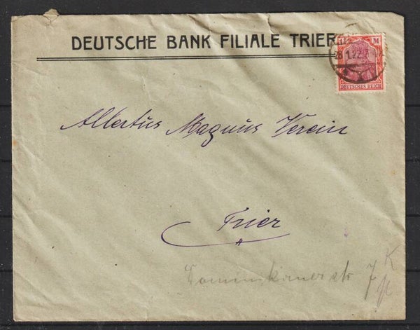 MiNr. 151 EF auf Orts-Brief "Deutsche Bank" TRIER 28.1.22  (s26041)