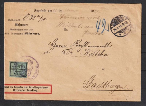 Frei durch Ablösung Nr. 8 "Fürstlich Schaumberg-Lippe"  BÜCKEBURG 31.1.14   (s26042)