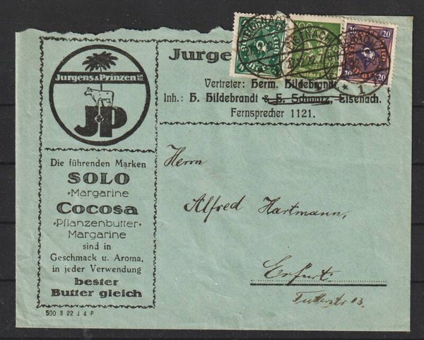 MiNr. 226, 207, 187 auf Brief "SOLO Margarine, CORCOSA Pflanzen..."  EISENACH 27.12.22   (s26045)
