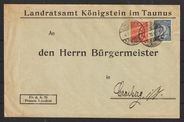 MiNr. D 30, 32 auf Brief, "Fr.d.A.21" Landratsamt KÖNIGSSTEIN 6.1.22   (s26046)