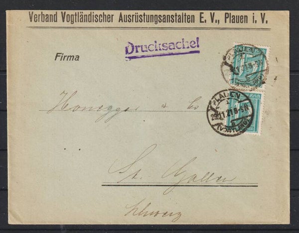 MiNr. 160 (2x) auf Drucksache "Vogtländische Ausrüstungsanstalten" PLAUEN 29.11.21  (s26047)