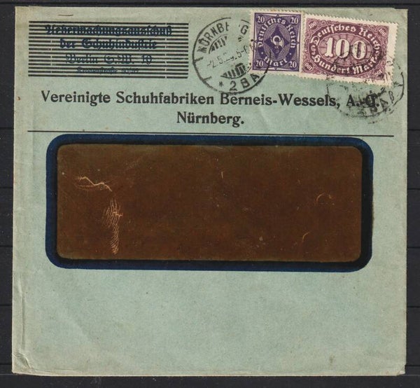 MiNr. 230, 247 auf Brief "Schuhfabriken Berneis-Wessels" NÜRNBERG 2.5.23  (s26047)