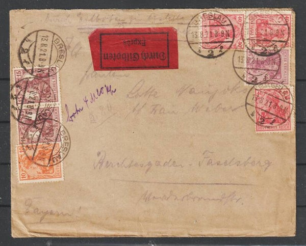 MiNr. 141, 142, 145, 146 Eilboten Express Brief BRESLAU 13.8.21     (s26148)
