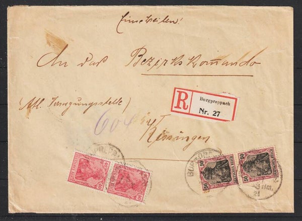 MiNr. 145 (2x) 91 (2x) auf R-Brief BURGPREPPACH 7.OKT.21    (s26048)