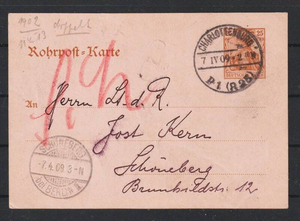 Rohrpost Karte RP 13 CHARLOTTENBURG 7.IV.09, SCHÖNEBERG 7.4.09  (s26055)