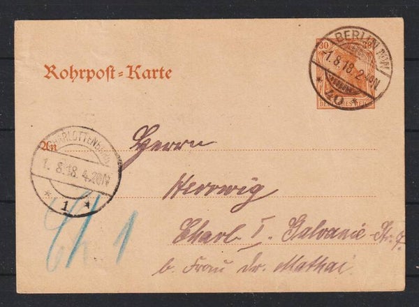 Rohrpost Karte RP 19  BERLIN  1.8.19,  CHARLOTTENBURG  1.8.18  (s26055)