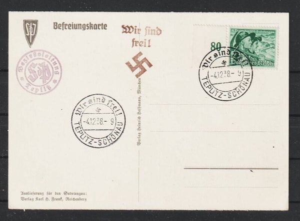 Propagandakarte, „SdP-Befreiungskarte“  "Wir sind frei! TEPLITZ-SCHÖNAU" 4.12.38  (s26058)