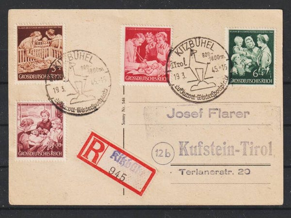 MiNr. 869-872 auf R-Postkarte KITZBÜHL 19.3.45 (s26059)
