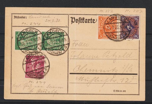 MiNr. 207, 227, 241, 244  auf Postkarte LANDECK 24.7.23  (0743)