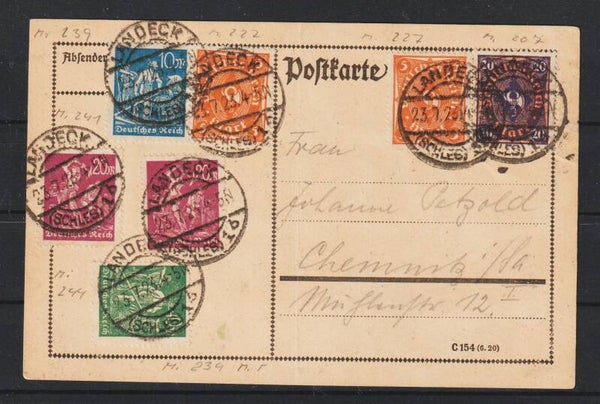 MiNr. 207, 222, 227, 239, 241, 244  auf Postkarte LANDECK 23.7.23  (0743)