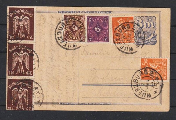 MiNr. 238 (2x) 265 (3x) auf Postkarte WÜRZBURG  2.JUL.23  (0743)
