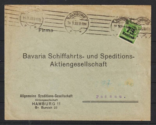 MiNr. 287 EF Brief. "Bavaria Schiffahrts- und ..." HAMBURG 14.9.23  (s26062)