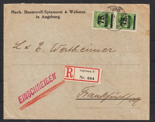 MiNr. 288 MeF R-Brief. "Mech. Baumwoll-Spinnerei" AUGSBURG 15.SEP.23 (s26062)