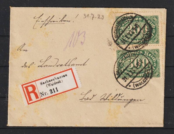 MiNr. 249 auf R-Brief  SACHSENHAUSEN  31.7.23, Letzttag PP 14    (s26063)