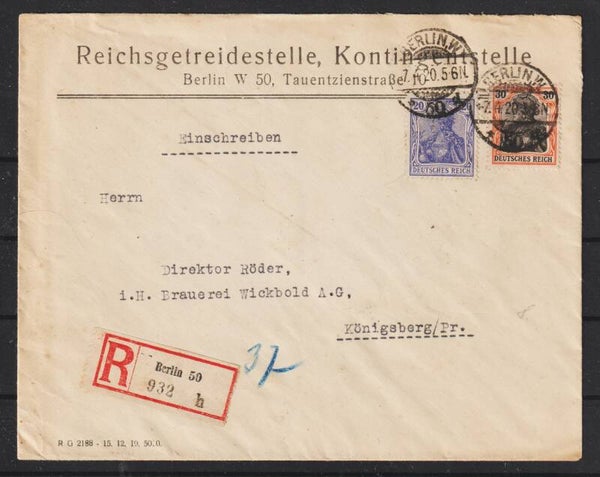 MiNr. 87, 89 auf R-Brief "Reichsgetreidestelle, Kontingentstelle" BERLIN 7.4.20  (s30031)