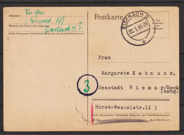 Portofreie Postkarte  EISENACH 22.1.45  (s30033)