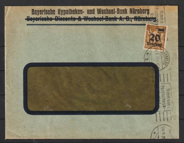 MiNr. 281 portogerechter Brief NÜRNBERG 24.8.23, Ersttag PP 16  (s30035)