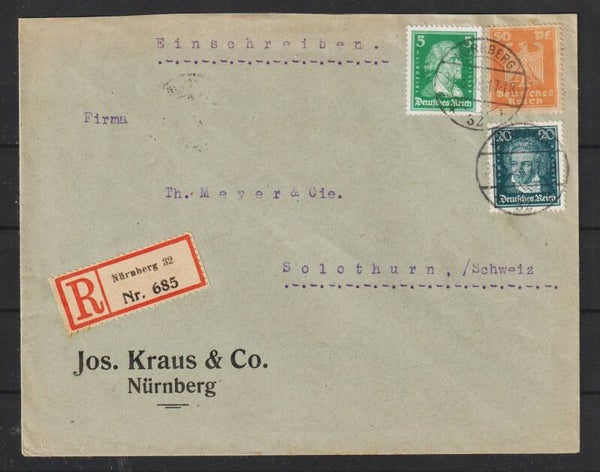MiNr. 361, 392, 387 R-Brief  NÜRNBERG  31.5.28  (s30036)