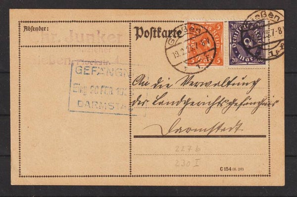 MiNr. 227 b, 230 P auf Postkarte GIEßEN  19.12.23   (s30039)