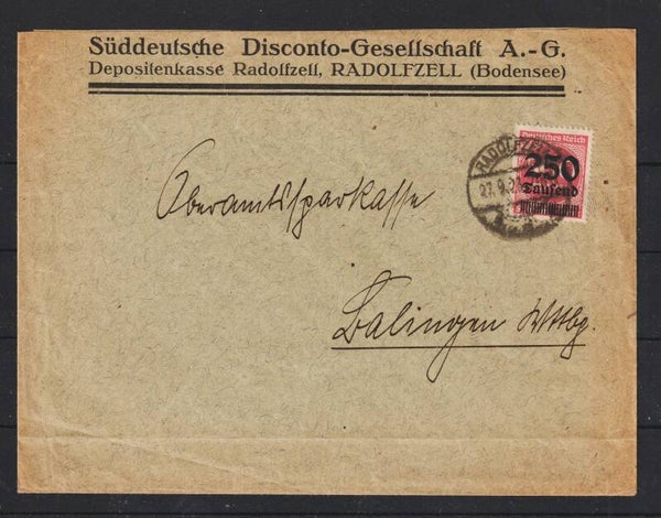 MiNr. 295 auf Brief RADOLFZELL 27.9.23  (s30039)
