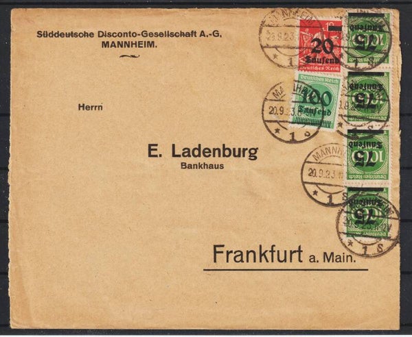 MiNr. 280, 288 (4x), 290 auf Brief,  MANNHEIM 20.9.23, Ersttag PP 18  (s30040)