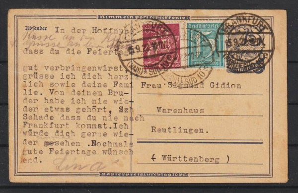 Ganzsache P 146 ZuF, portogerecht, FRANKFURT 15.9.22  (s30040)
