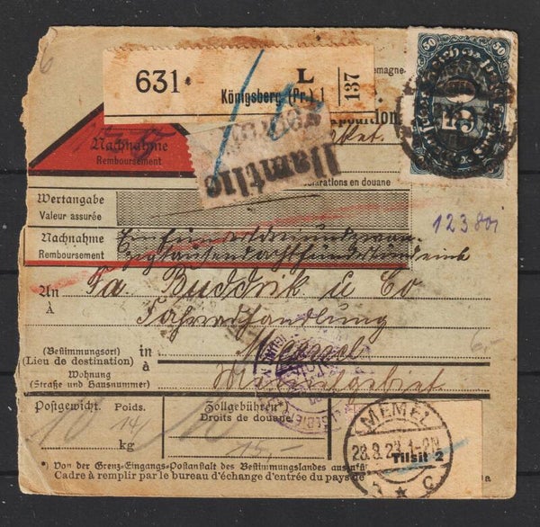 Nachnahme Paketkarte, KÖNIGSBERG 16.3.23 - MEMEL 28.3.23    (s30041)