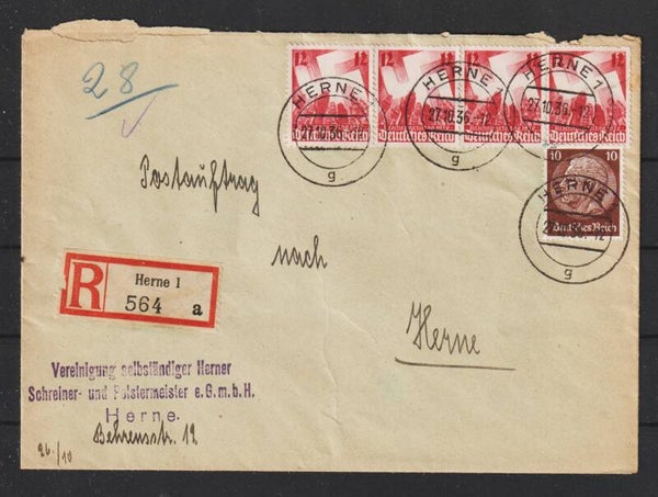 MiNr. 633 (4x) auf R-Brief  HERNE 27.10.36   (s30042)