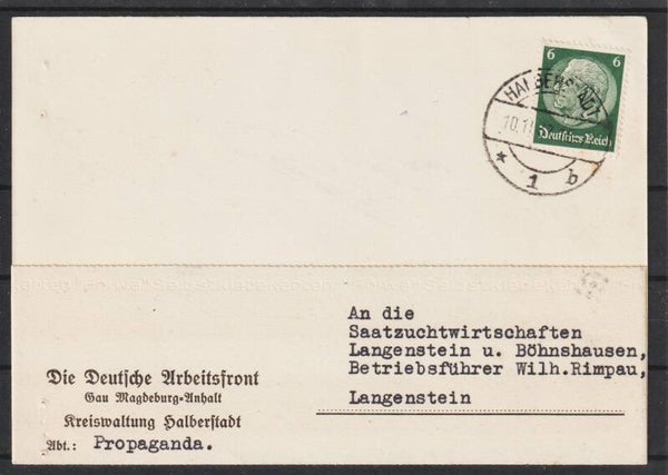 MiNr. 516 Postkarte "Deutsche Arbeitsfront,...Abt. Propaganda" HALBERSTADT 10.11.37 (s30050)
