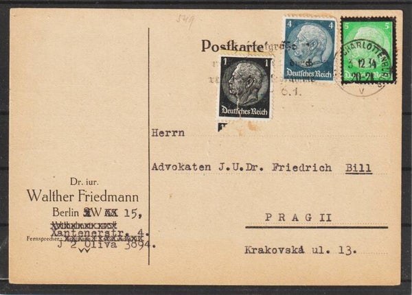 MiNr. 549, 512, 514 Postkarte CHARLOTTENBURG 3.12.34 nach Prag  (s30050)