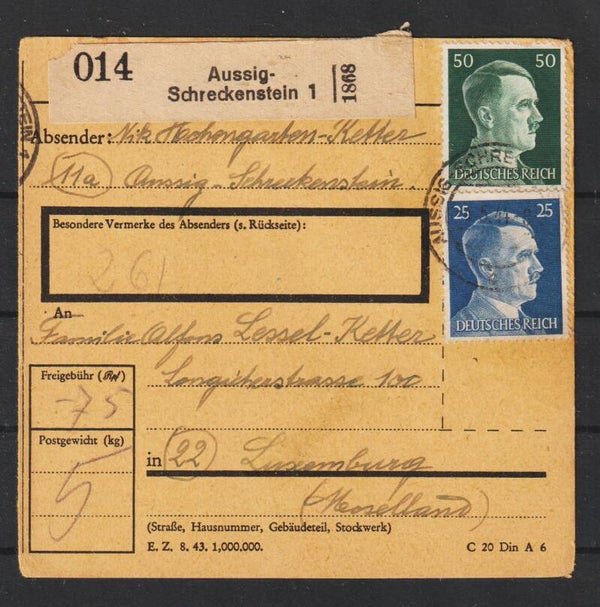 MiNr. 793, 796 Paketkarte AUSSIG-SCHRECKENSTEIN  4.5.44   (s30050)