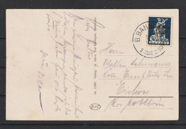 MiNr. 123 auf Postkarte  B.BAHNHOF  26.MAI.20 (s30052)