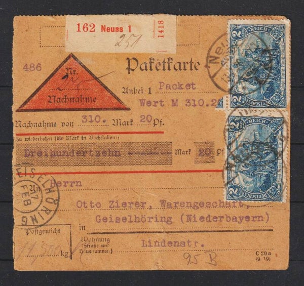 MiNr. 95 B (3x) auf Paketkarte  NEUSS  13.2.20  (s30052)