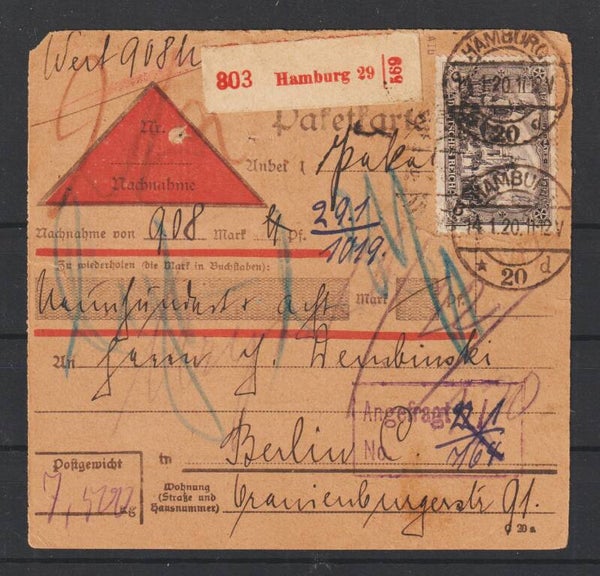 MiNr. 96 A Ib, 87 IId UR, 109 auf Paketkarte  HAMBURG  14.1.20, geprüft  (s30052)