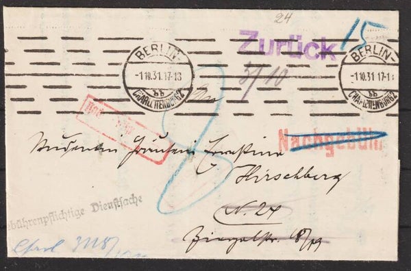 Gebührenpflichtige Dienstsache, 8 Pf Nachporto BERLIN 1.10.31   (s30059)