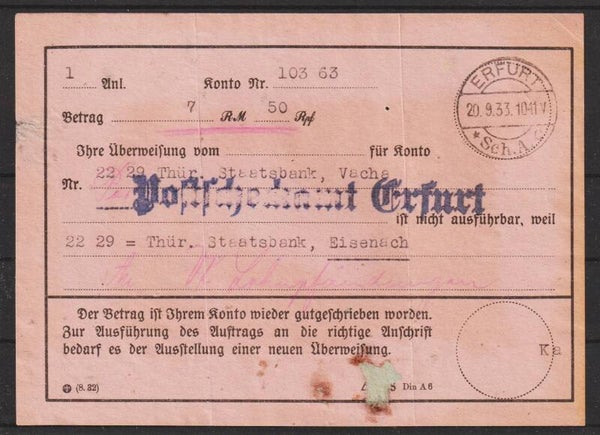 "Postscheckamt Erfurt" ERFURT 20.9.33   (s30059)