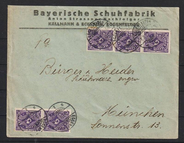 MiNr. 230 (5x) auf Brief "Bayerische Schuhfabrik" EGGENFELDEN 1.3.23, Ersttag PP 13   (s30060)