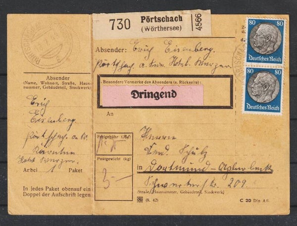 MiNr. 527 (2x), 520 Paketkarte PÖRTSCHACH 13.7.43   (s30061)