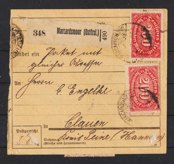 MiNr. 220 (12x) auf Paketkarte MARCARDSMOOR (Ostfrsl.) 4.8.23  (s30064)