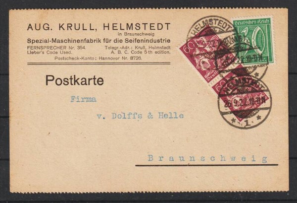 MiNr. 162, 165 Postkarte "Spezial-Maschinenfabrik ..." HELMSTEDT 26.9.22  (s30073)