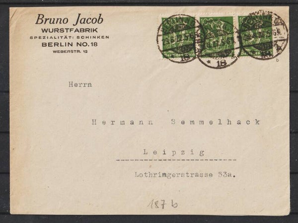 MiNr. 187 b auf Brief  BERLIN 29.8.22, geprüft  (s30074)