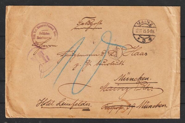 Feldpost Brief "Mun.-Kol.-Reserve-Fussart.-Battalion" MAINZ 12.10.15, Nachporto    (s30076)
