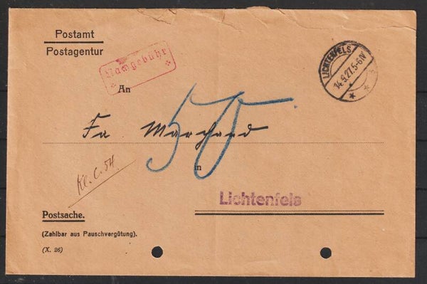 Postsache LICHTENFELS 14.9.27, Nachporto    (s30076)