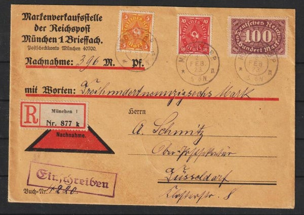 portogerechter Nachhahme R-Brief vom 2.2.23 über 396 Mark  (s30077)